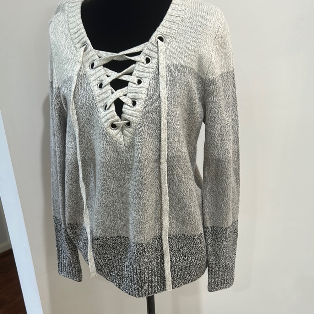Soho Gray Lace-Up V-Neck Sweater